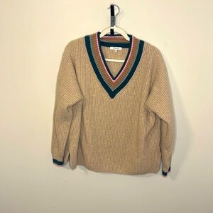 Madewell Tipped Forest V-Neck Wool Blend Sweater XXL Beige with Striped Collar